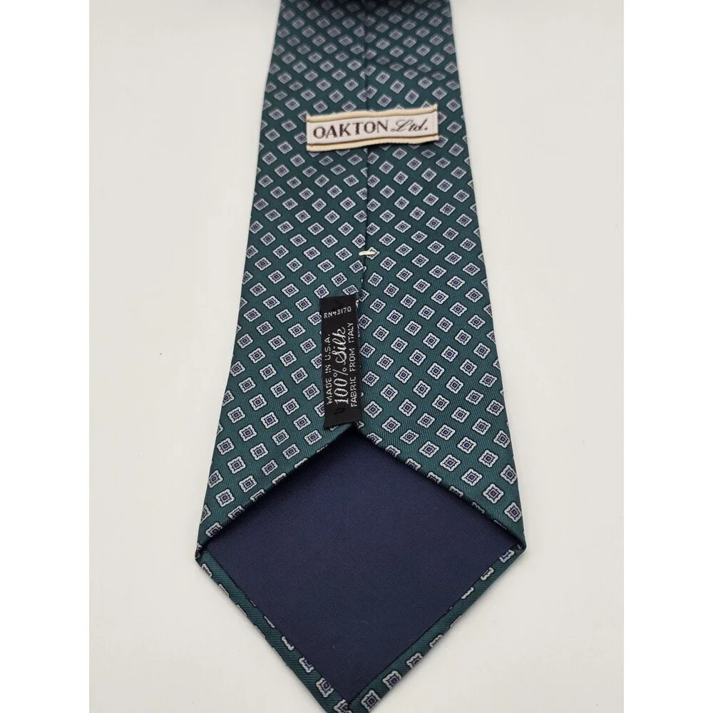 VTG Oakton Ltd Silk Tie Mens Green Diamond Geometric Made in USA Italian Fabric